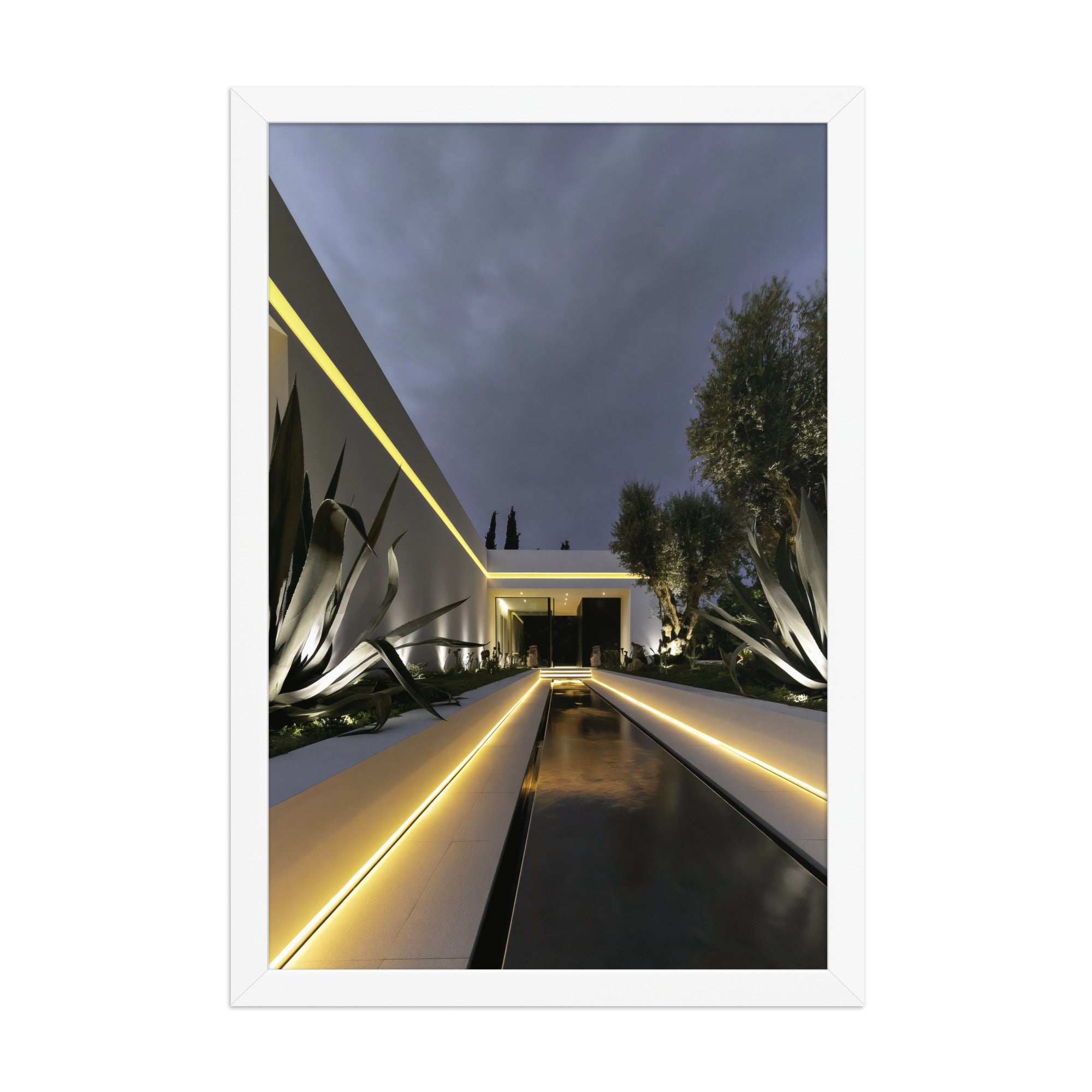 No. 00001 – Blue Hour Villa – framed print mockup in a calm modern interior.