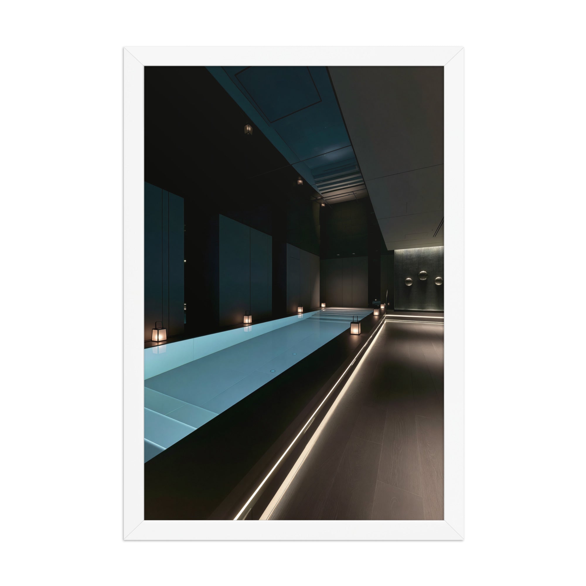 No. 00004 – The Obsidian Lap Pool – framed print mockup in a calm modern interior.