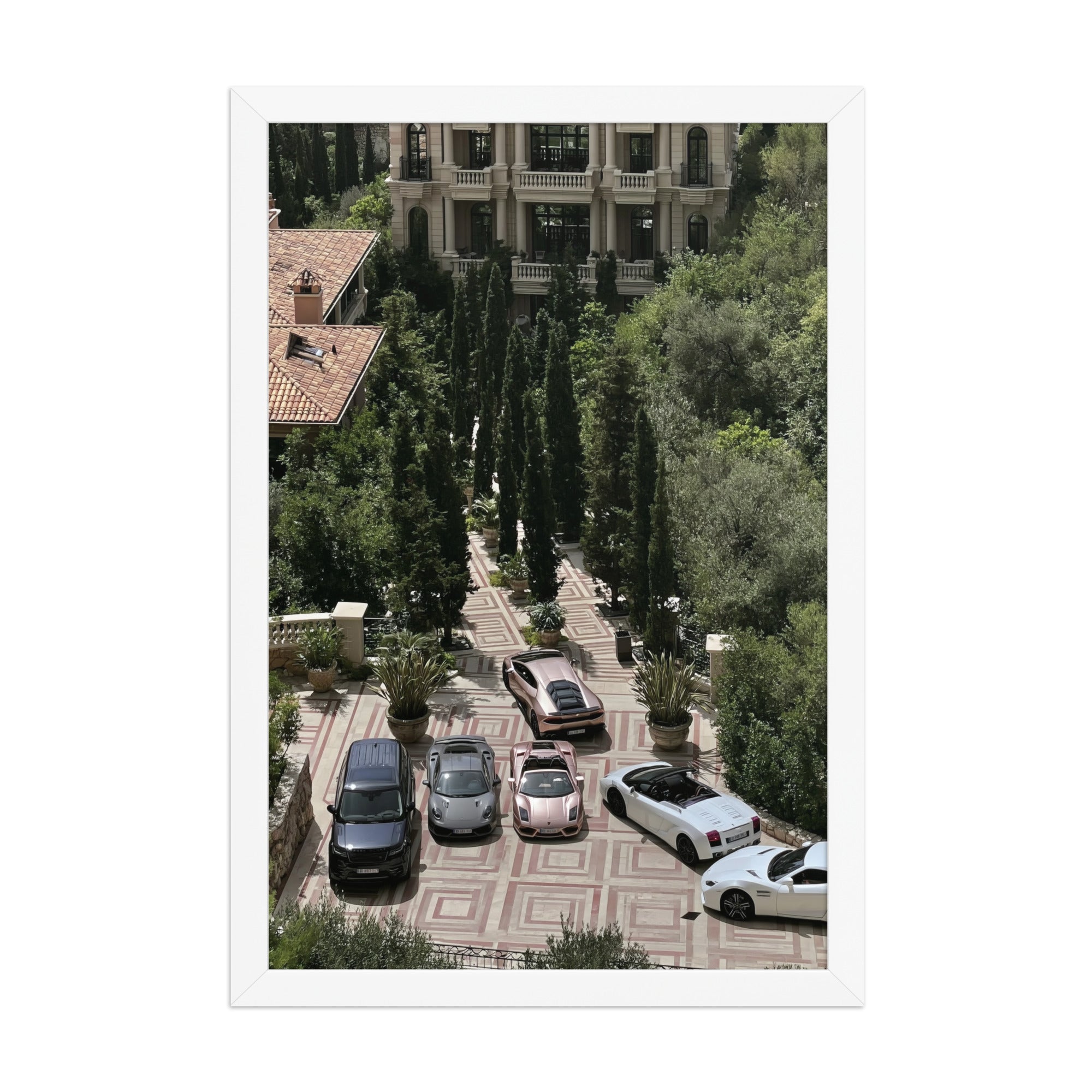 No. 00008 – The Riviera Driveway – framed print mockup in a calm modern interior.