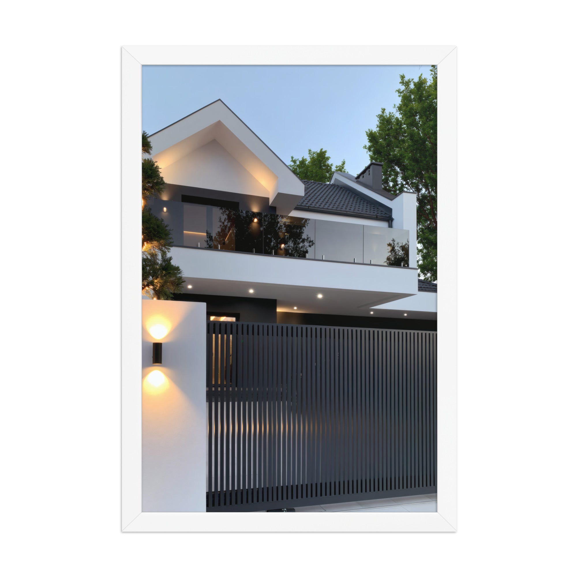 No. 00011 – The Slatted Gate Residence – framed print mockup in a calm modern interior.
