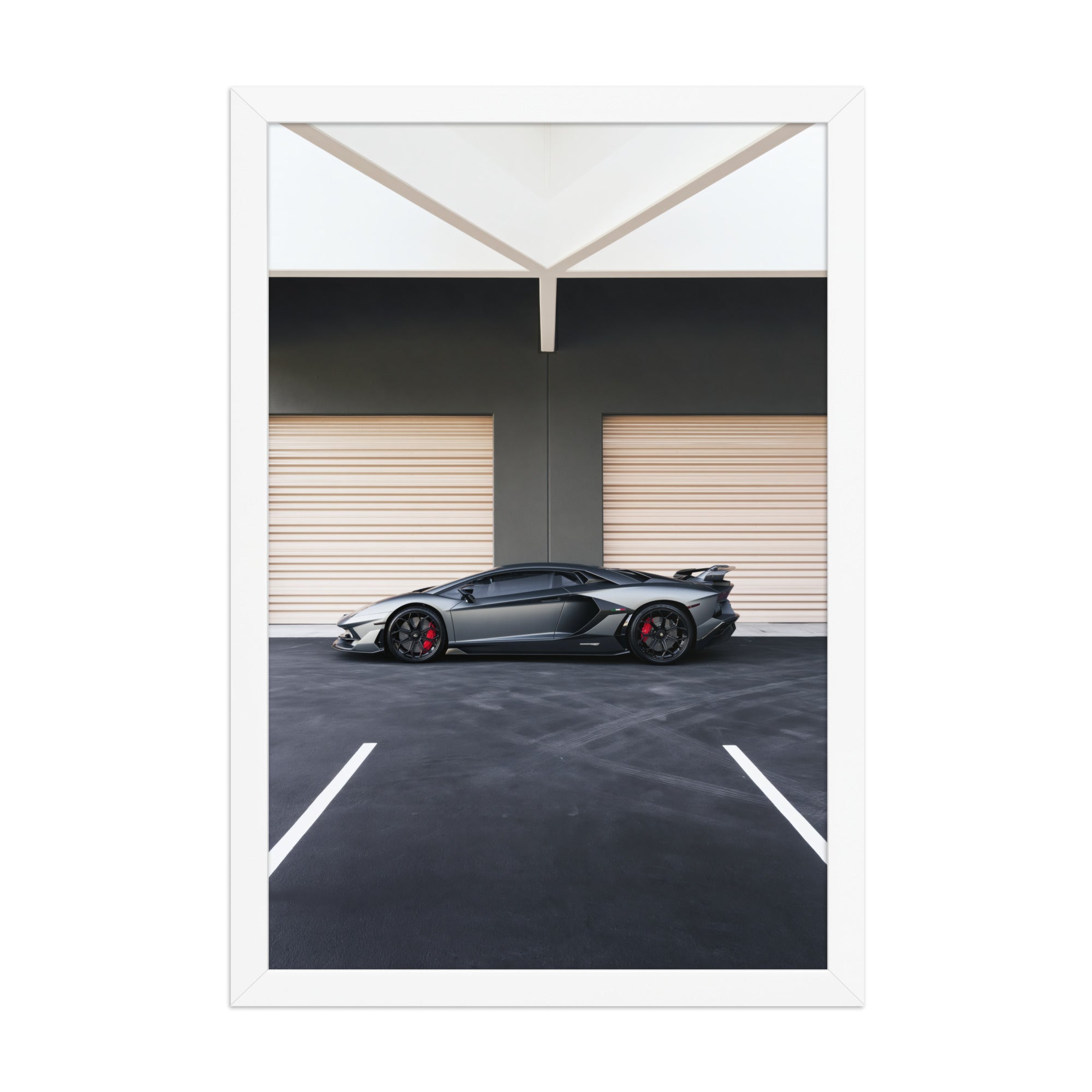 No. 00015 – The Grey Hangar – framed print mockup in a calm modern interior.