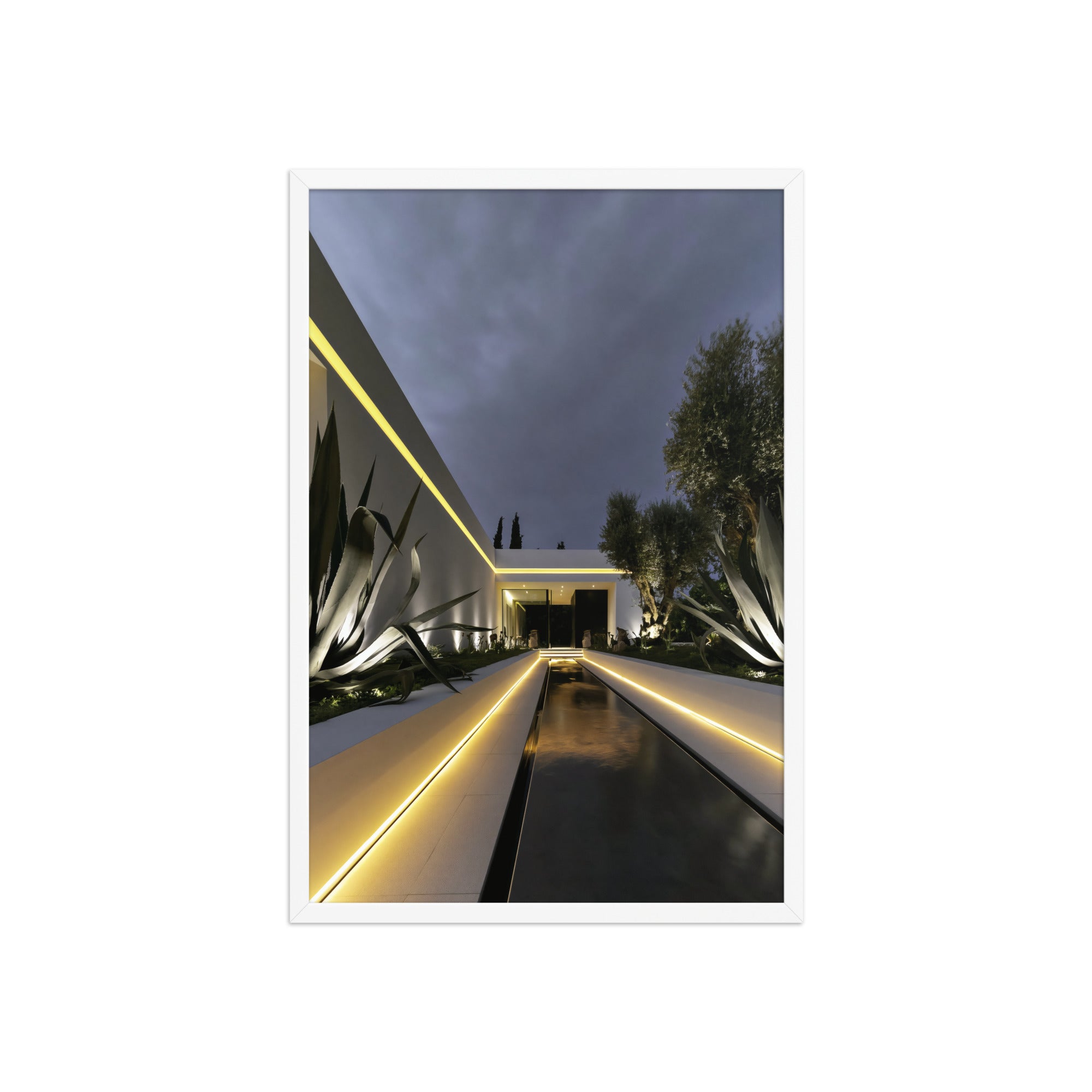 No. 00001 – Blue Hour Villa – framed print mockup in a calm modern interior.