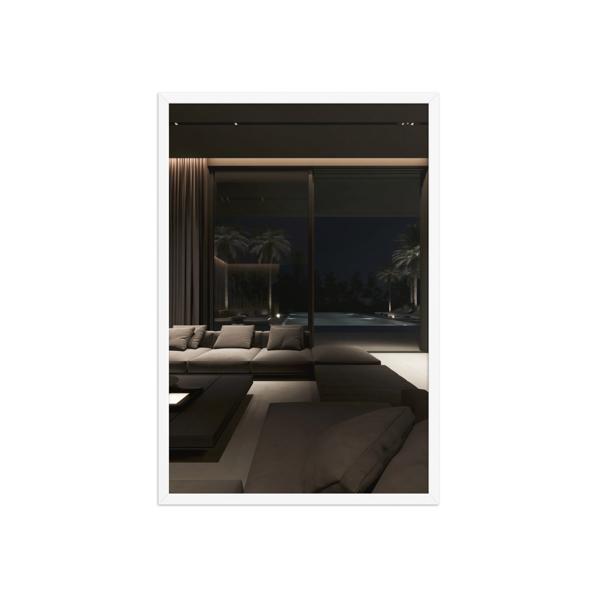 No. 00002 – Midnight Palm Residence – framed print mockup in a calm modern interior.