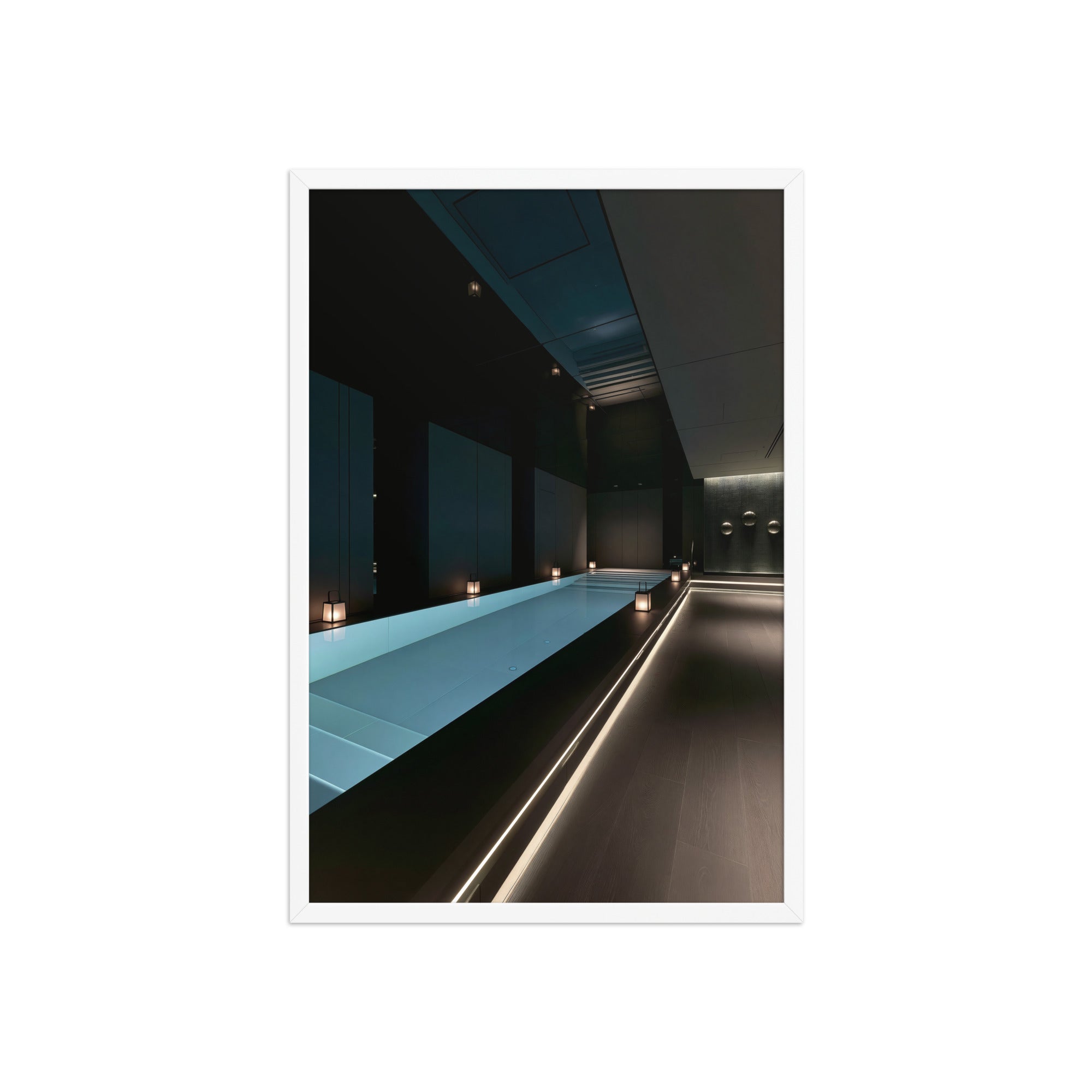 No. 00004 – The Obsidian Lap Pool – framed print mockup in a calm modern interior.