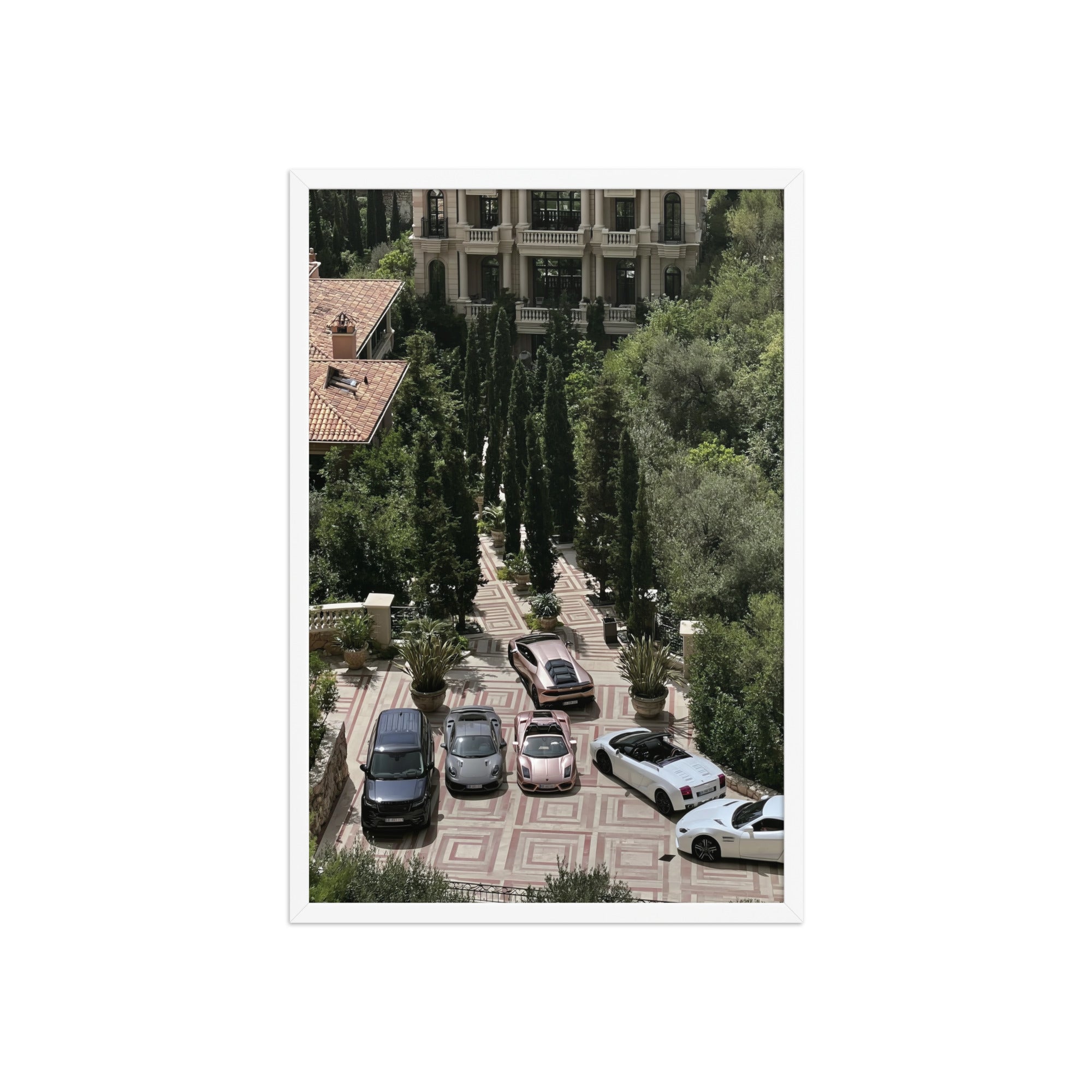 No. 00008 – The Riviera Driveway – framed print mockup in a calm modern interior.