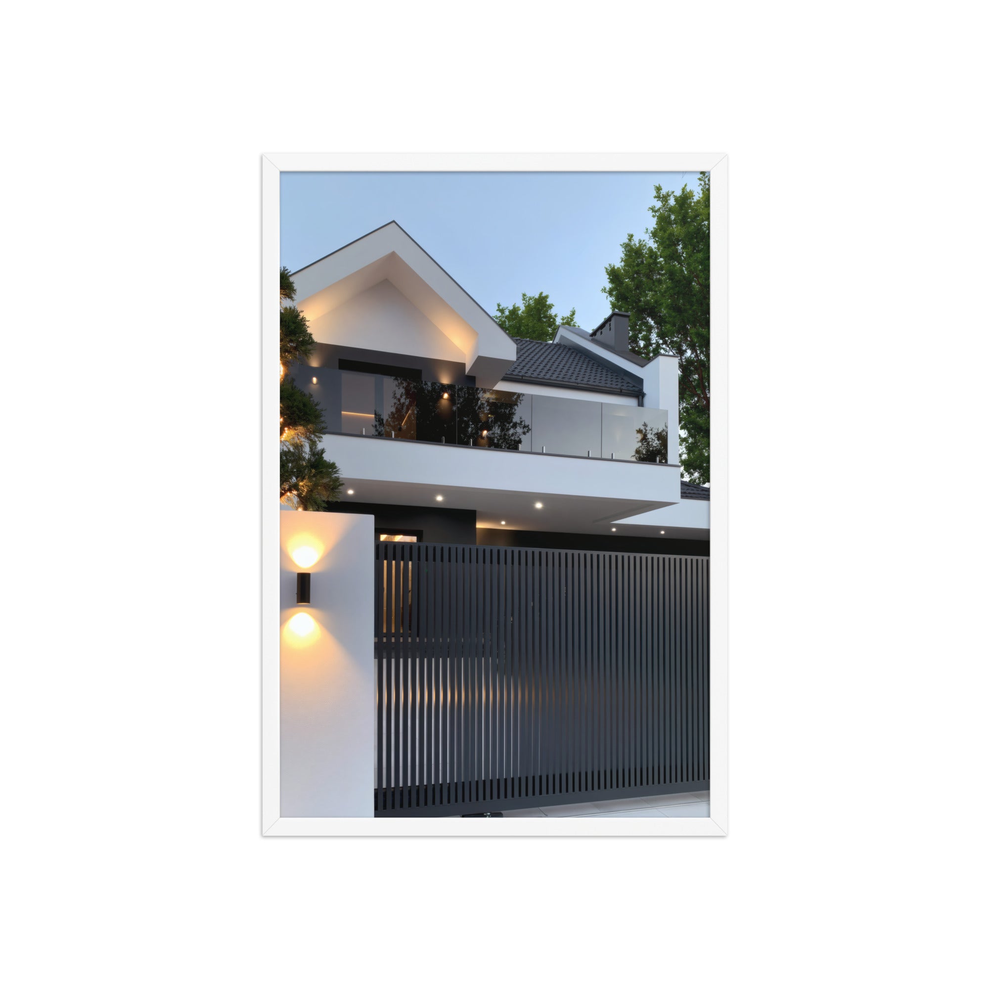 No. 00011 – The Slatted Gate Residence – framed print mockup in a calm modern interior.