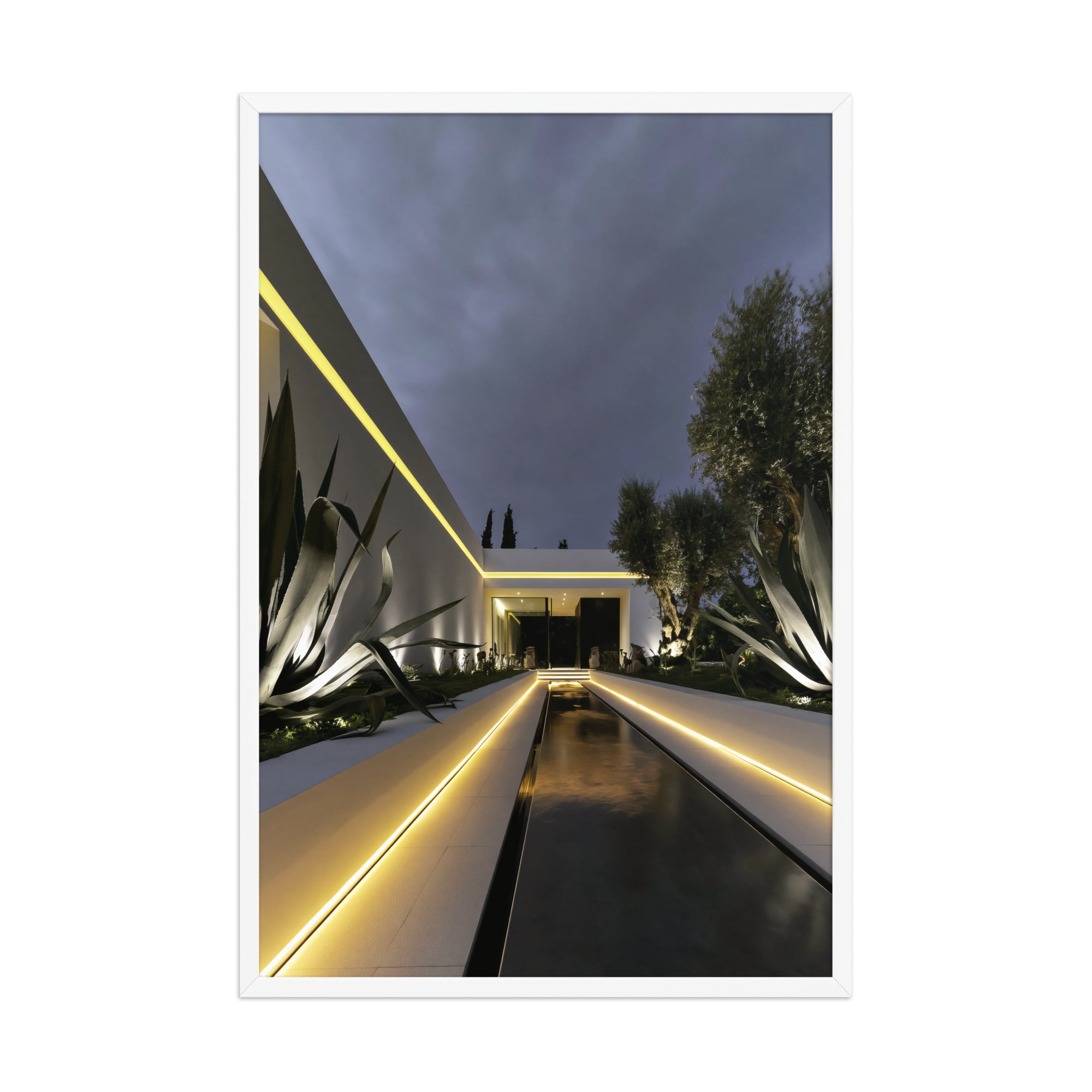No. 00001 – Blue Hour Villa – framed print mockup in a calm modern interior.