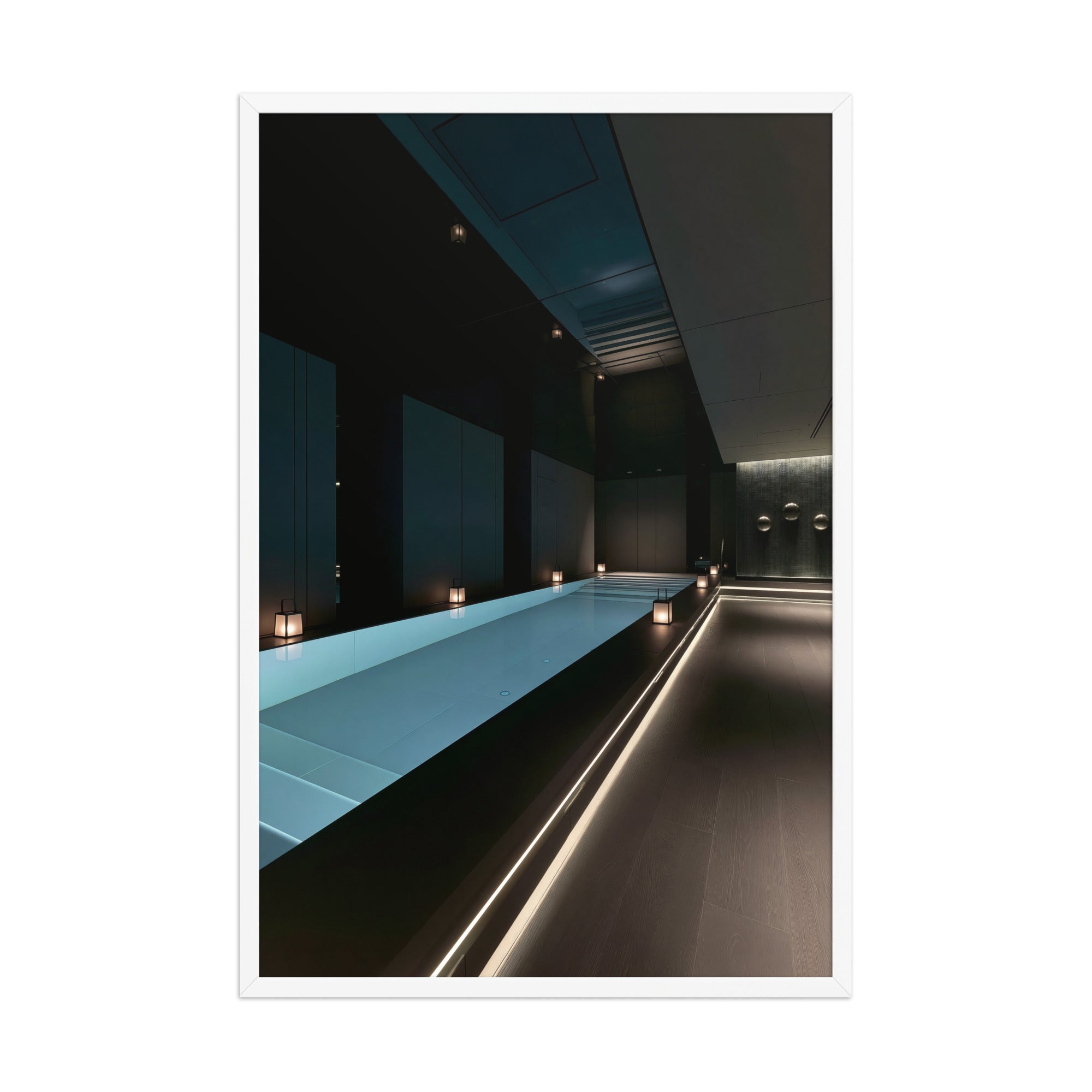 No. 00004 – The Obsidian Lap Pool – framed print mockup in a calm modern interior.