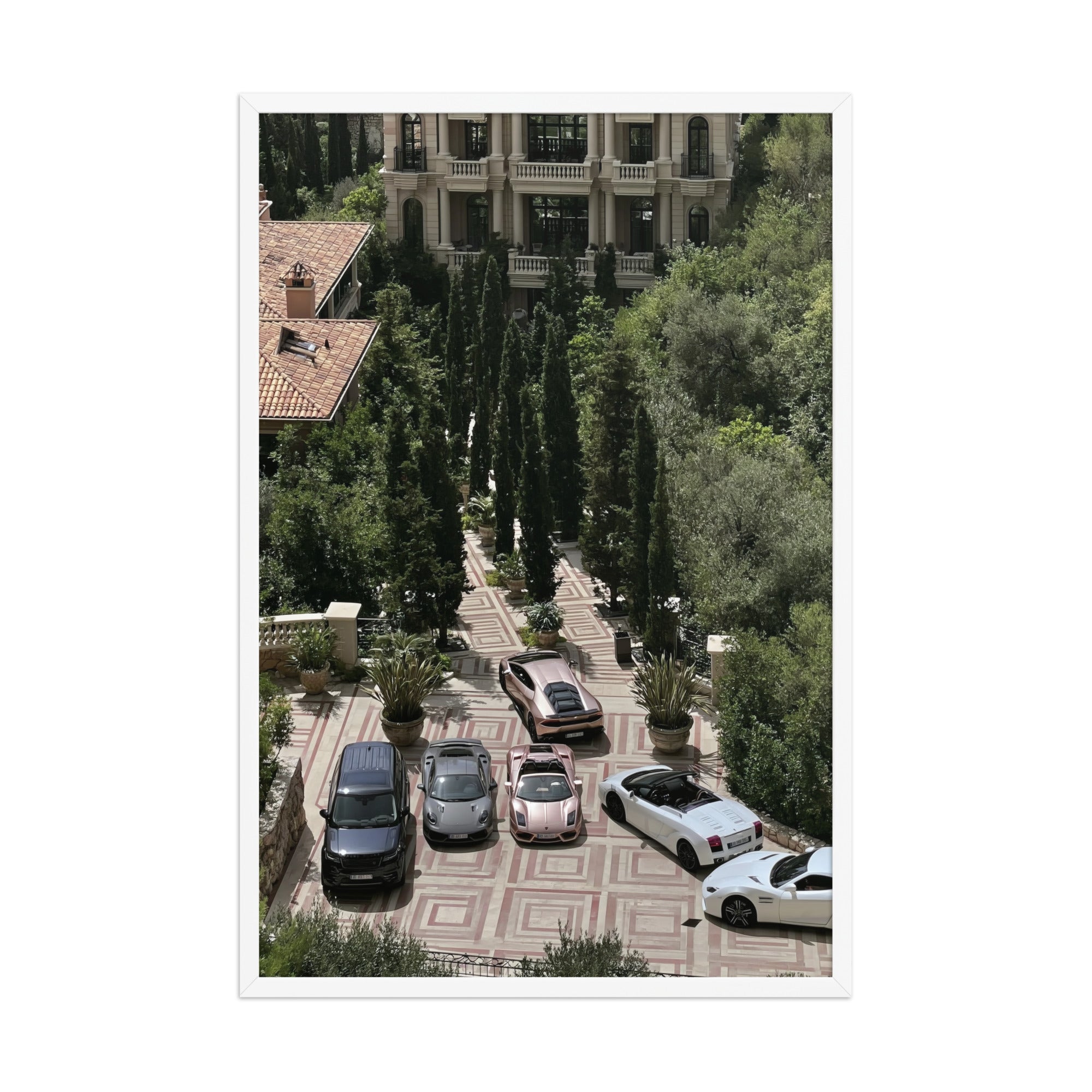No. 00008 – The Riviera Driveway – framed print mockup in a calm modern interior.