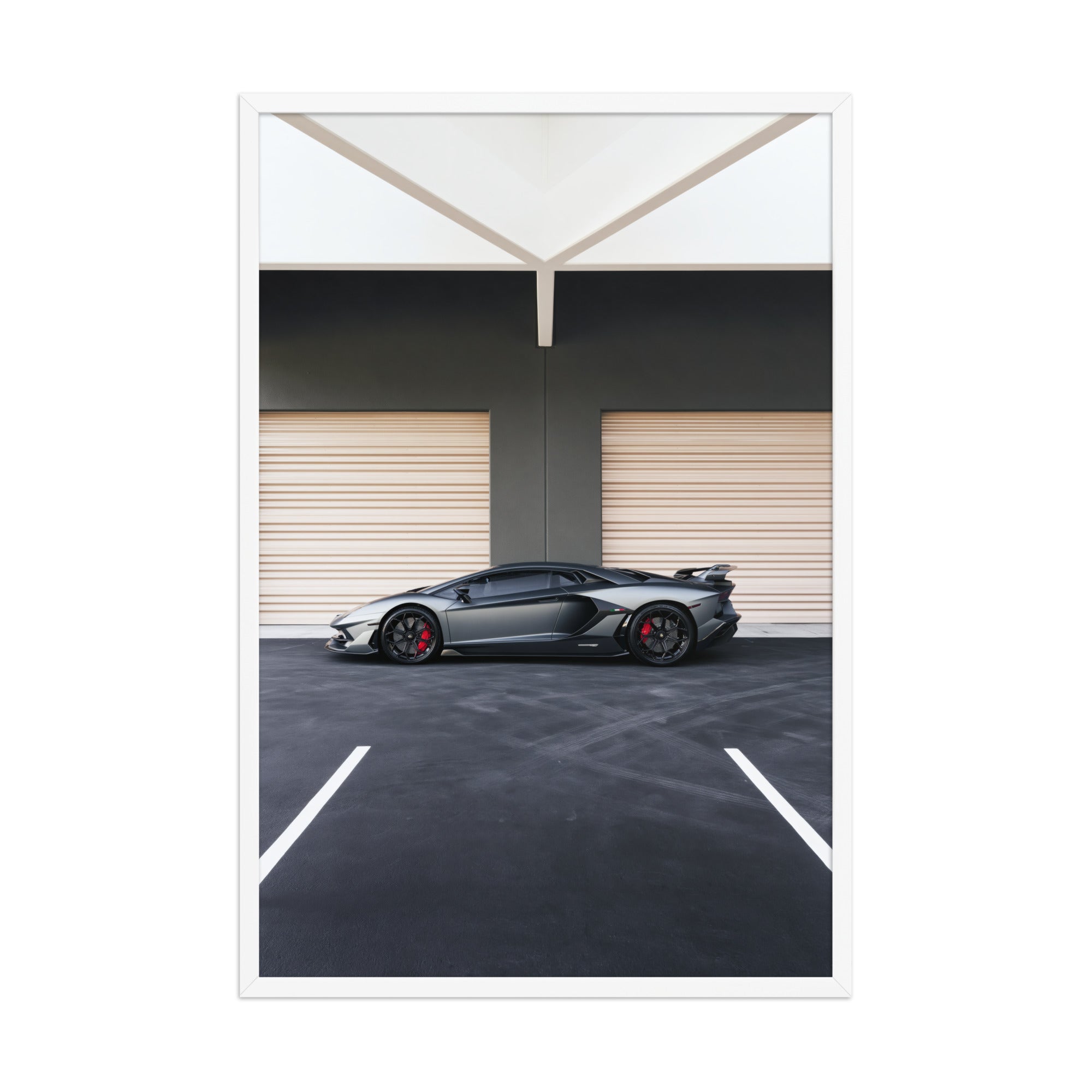 No. 00015 – The Grey Hangar – framed print mockup in a calm modern interior.