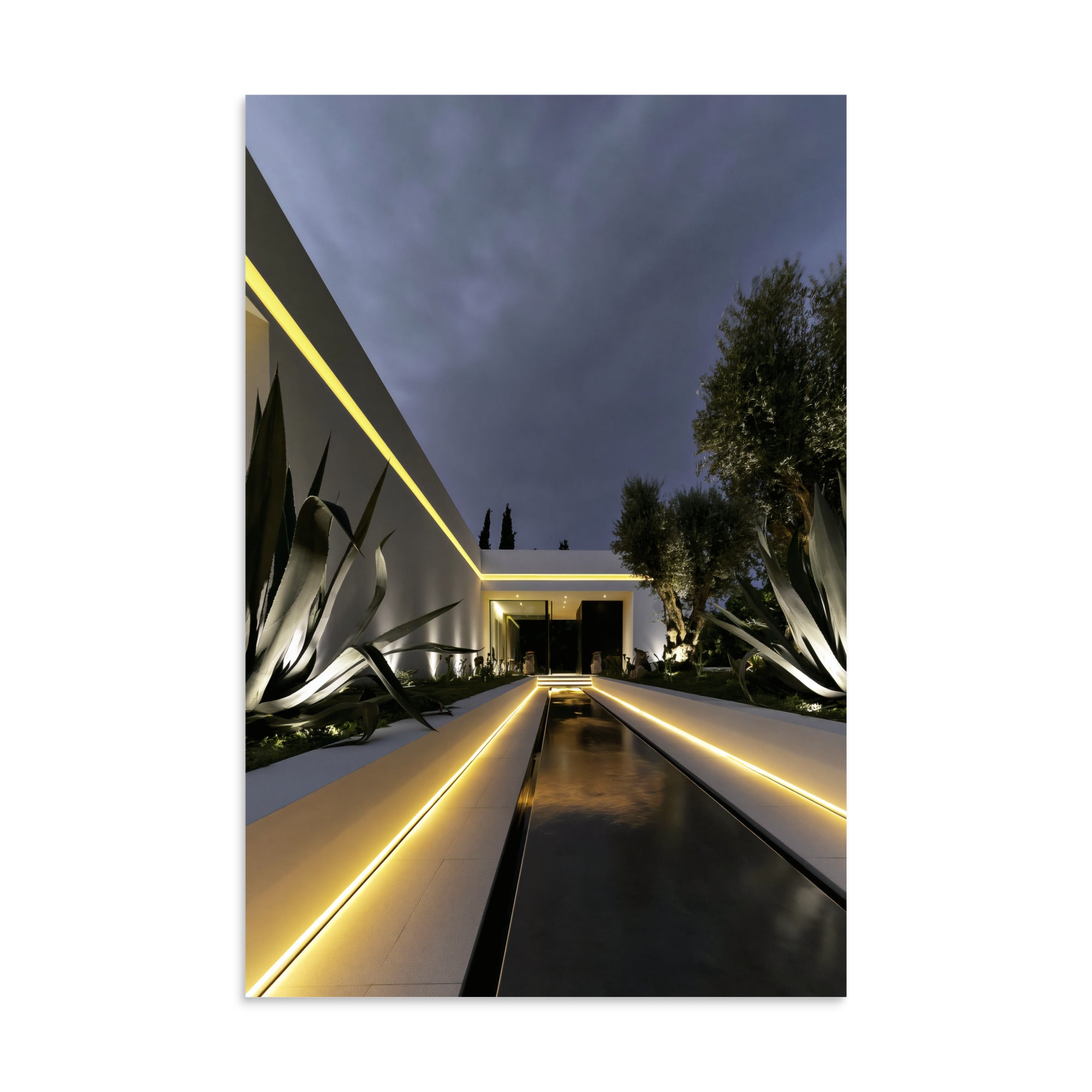 No. 00001 – Blue Hour Villa – poster print mockup on a neutral wall.