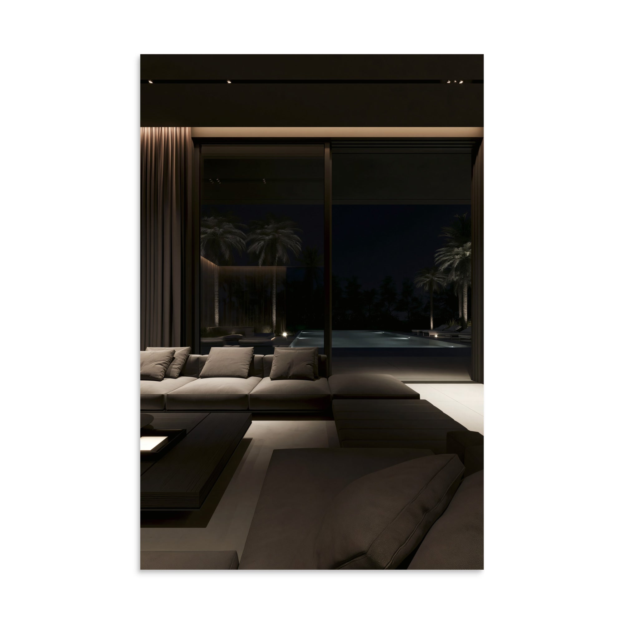 No. 00002 – Midnight Palm Residence – poster print mockup on a neutral wall.