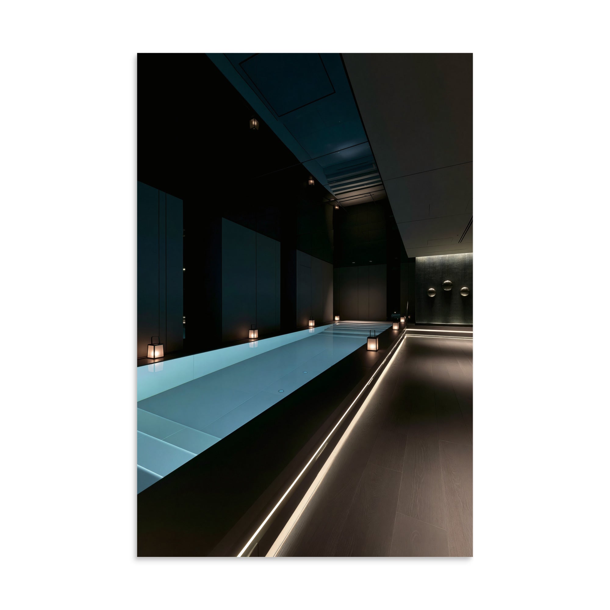 No. 00004 – The Obsidian Lap Pool – poster print mockup on a neutral wall.