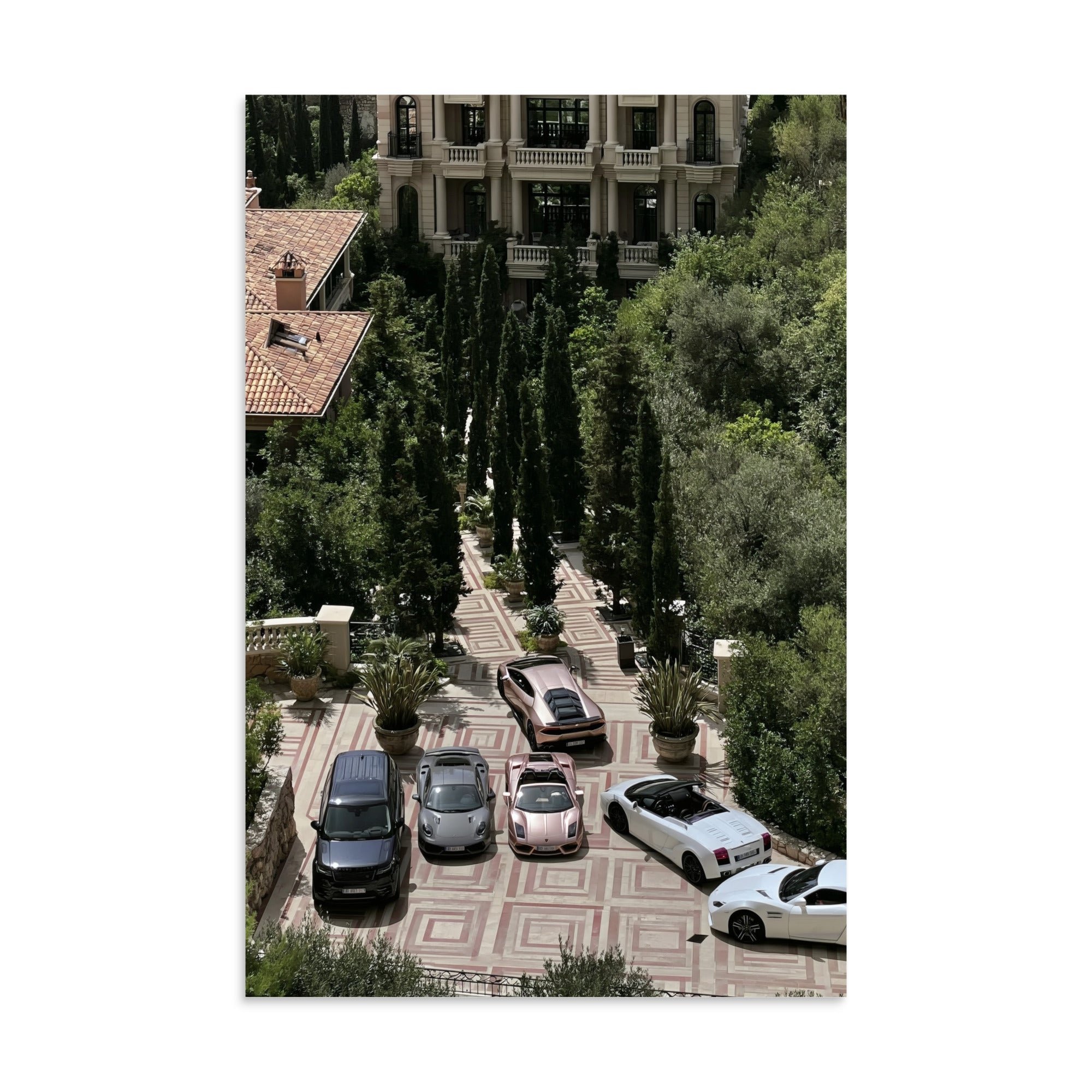 No. 00008 – The Riviera Driveway – poster print mockup on a neutral wall.