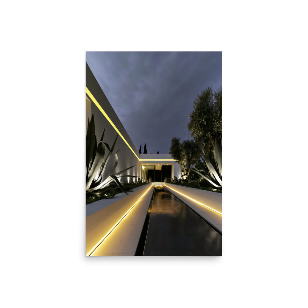 No. 00001 – Blue Hour Villa – poster print mockup on a neutral wall.
