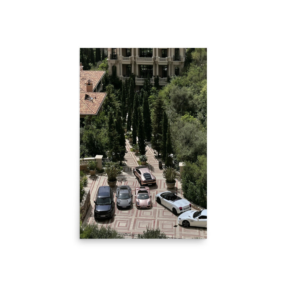 No. 00008 – The Riviera Driveway – poster print mockup on a neutral wall.