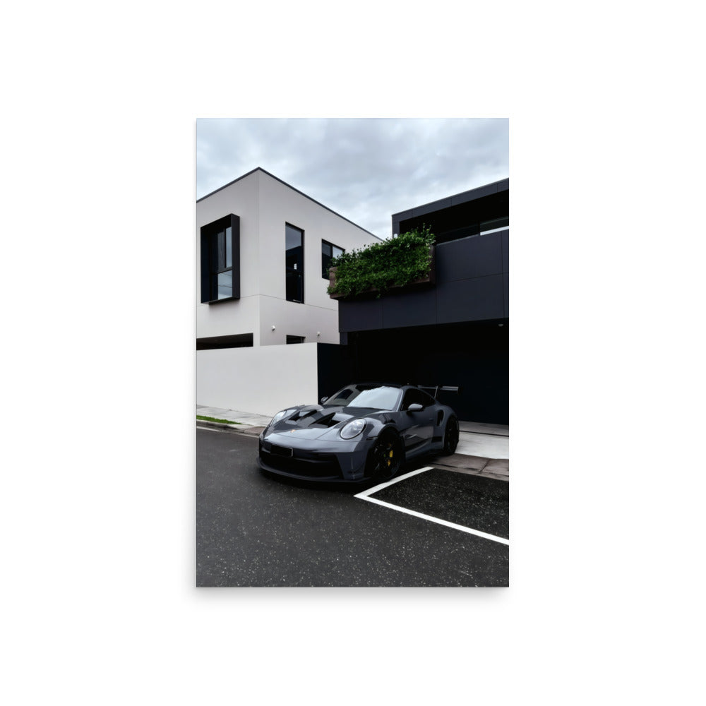 No. 00010 – The Grey Street Coupe – poster print mockup on a neutral wall.
