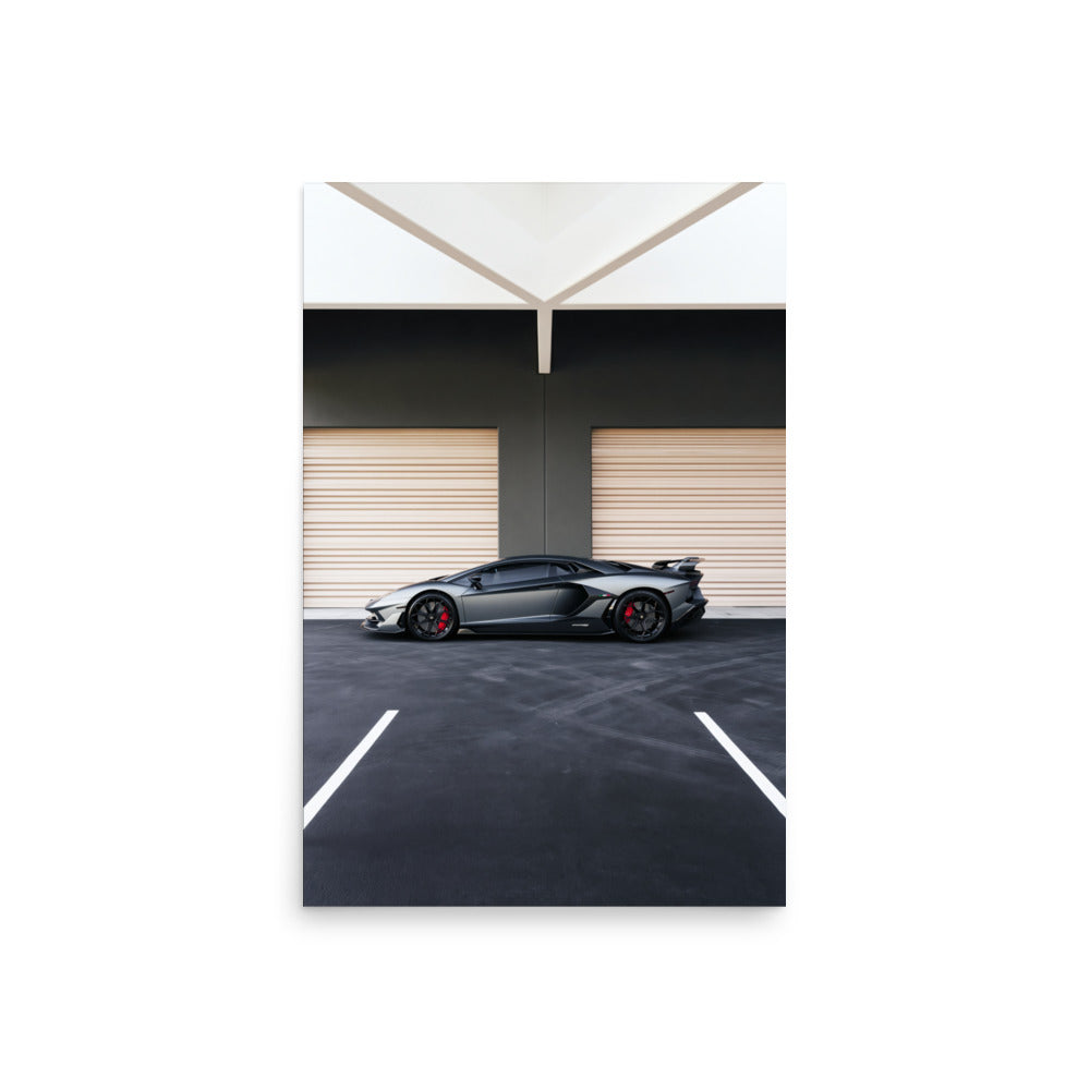 No. 00015 – The Grey Hangar – poster print mockup on a neutral wall.