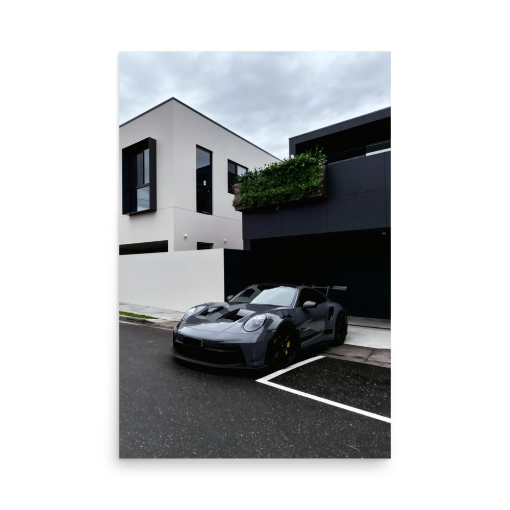 No. 00010 – The Grey Street Coupe – poster print mockup on a neutral wall.