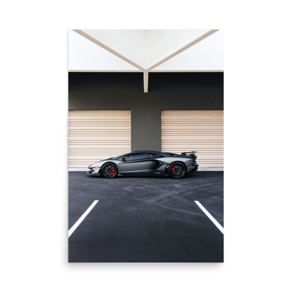 No. 00015 – The Grey Hangar – poster print mockup on a neutral wall.